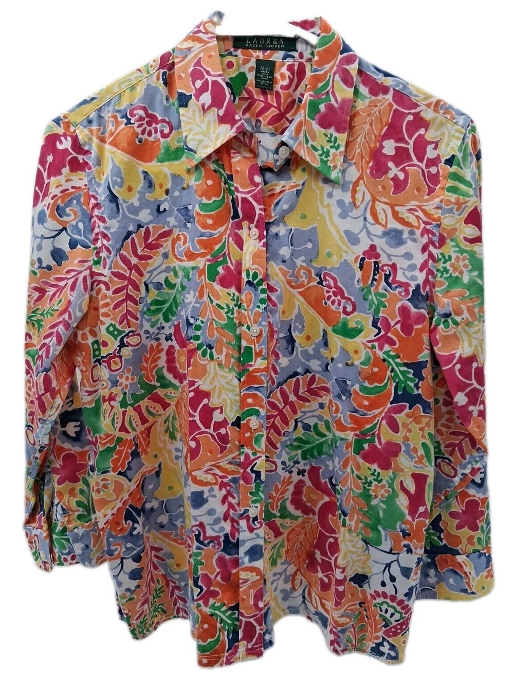 Lauren Ralph Lauren Shirt Women's Medium Floral Vibrant 3/4 Sleeve Button-Up Top